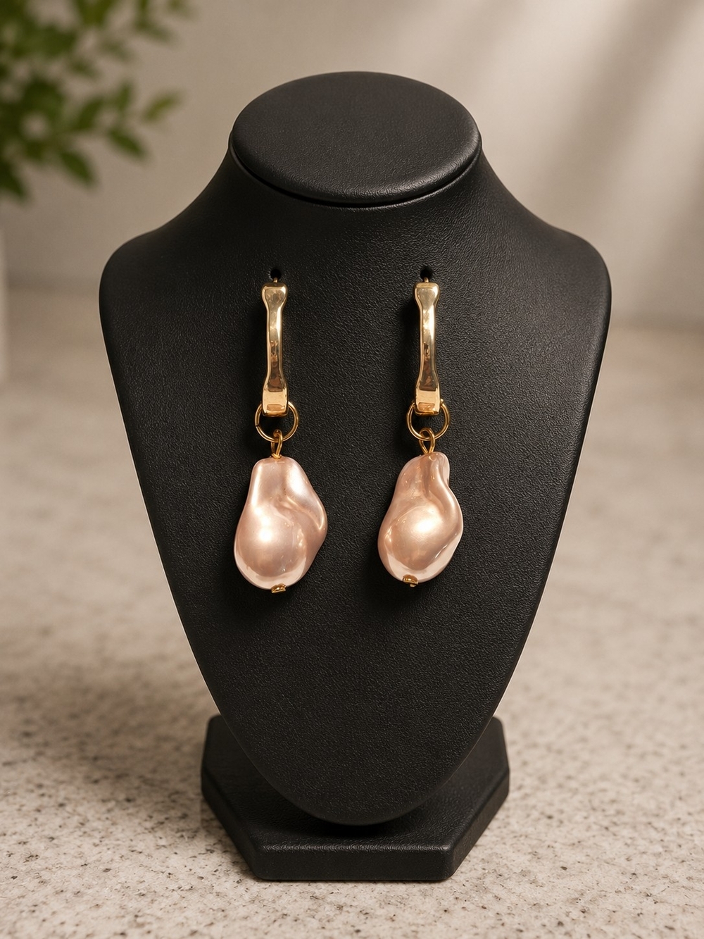 Gold Baroque Pearl Drop Earrings - Pink Pearl
